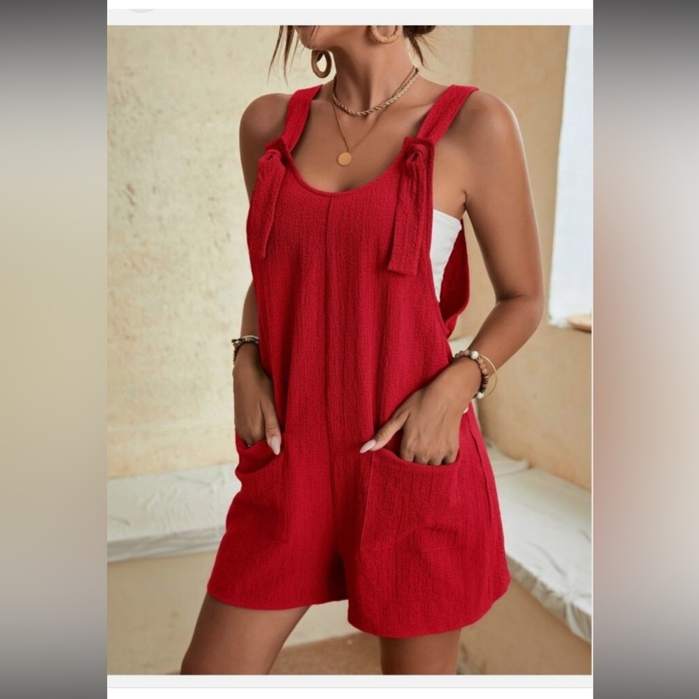 Emery Rose Knot Front Pocket Patched Red Overall Romper